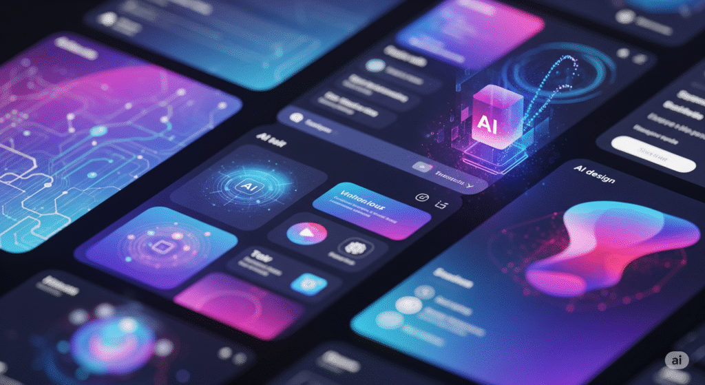 A dynamic, futuristic user interface with glowing neon data visualizations and AI icons, illustrating the concept of AI in UI design and its impact on creating smart, personalized digital experiences.