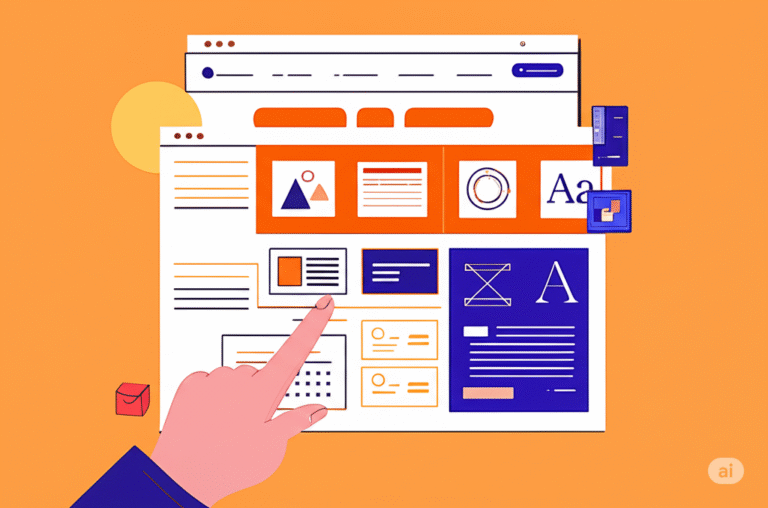 Flat vector illustration of hands using design software with UI/UX elements, color palettes, and typography on a screen, set against a vibrant orange background.