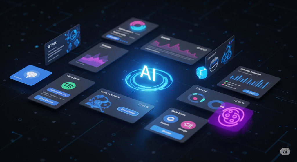 A futuristic digital dashboard with floating UI elements in blue, purple, and pink, centered around a glowing "AI" symbol, representing the integration of AI in UI design across various applications like streaming, shopping, and search.