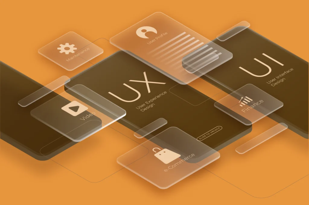 Illustration showing UI and UX design concepts around a smartphone with colorful interface elements and abstract background shapes.