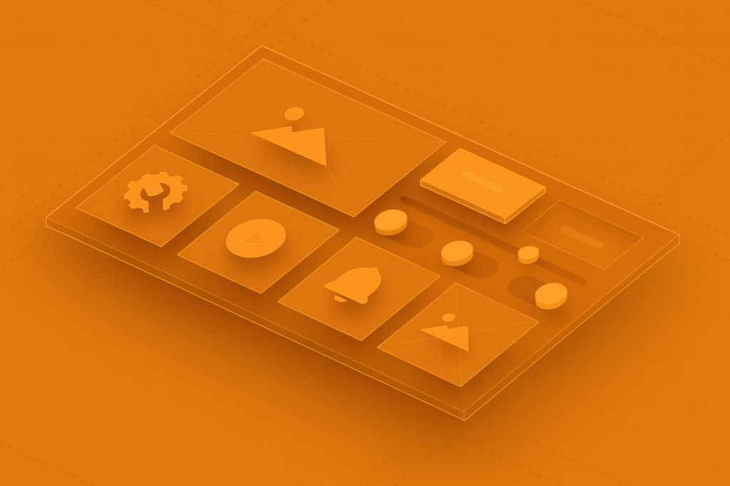 Isometric wireframe UI/UX layout in orange theme, showcasing common interface elements like buttons, toggles, and icons, illustrating design structure.